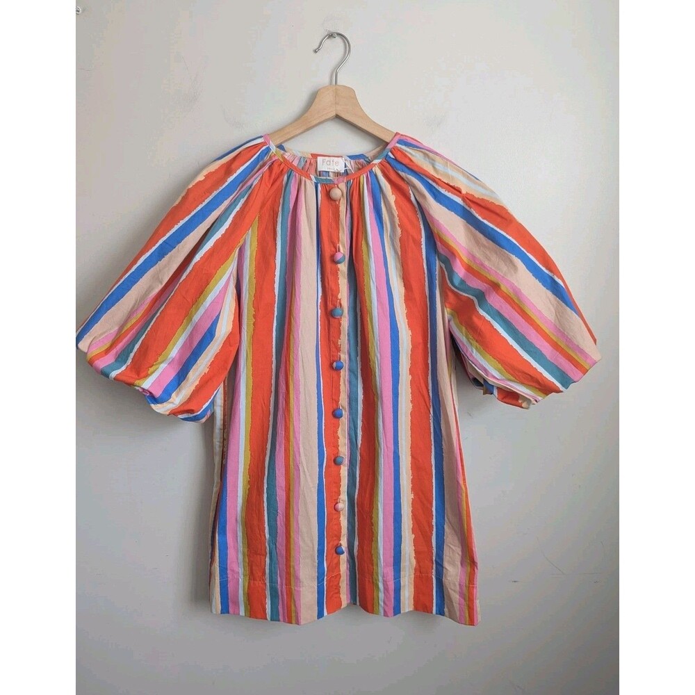 FATE Rainbow Stripe Balloon Sleeve A-line Dress Cotton Mini S Colorful Boho Fun - Picture 2 of 14
